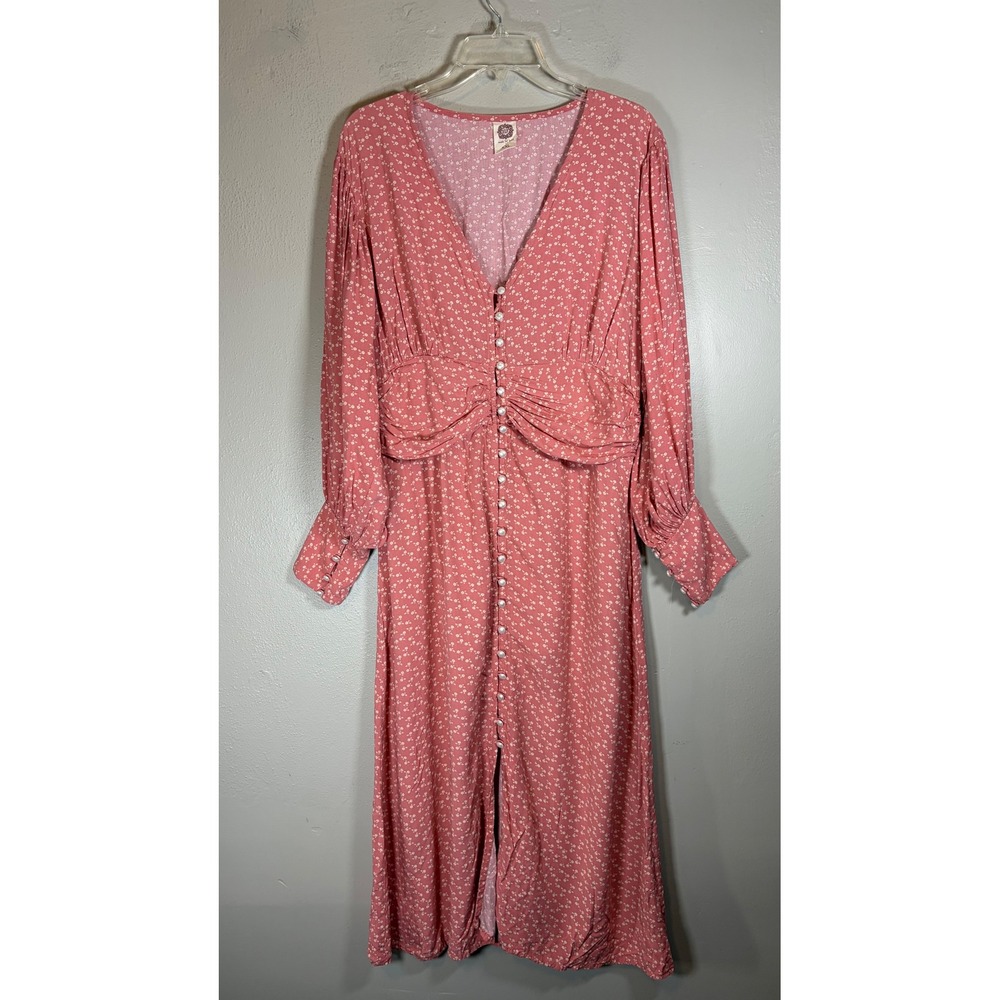 ELF Bali Handmade Pink Floral Rayon V-Neck Button Front Midi Dress XXL Boho